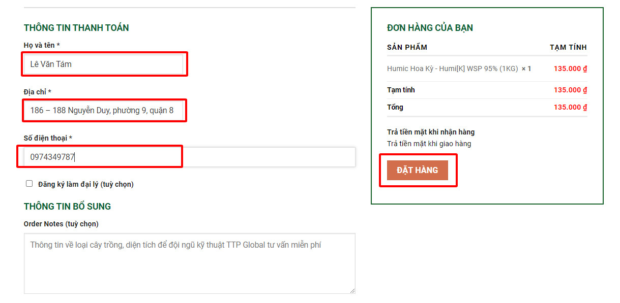 Điền thông tin khi mua humic hoa kỳ